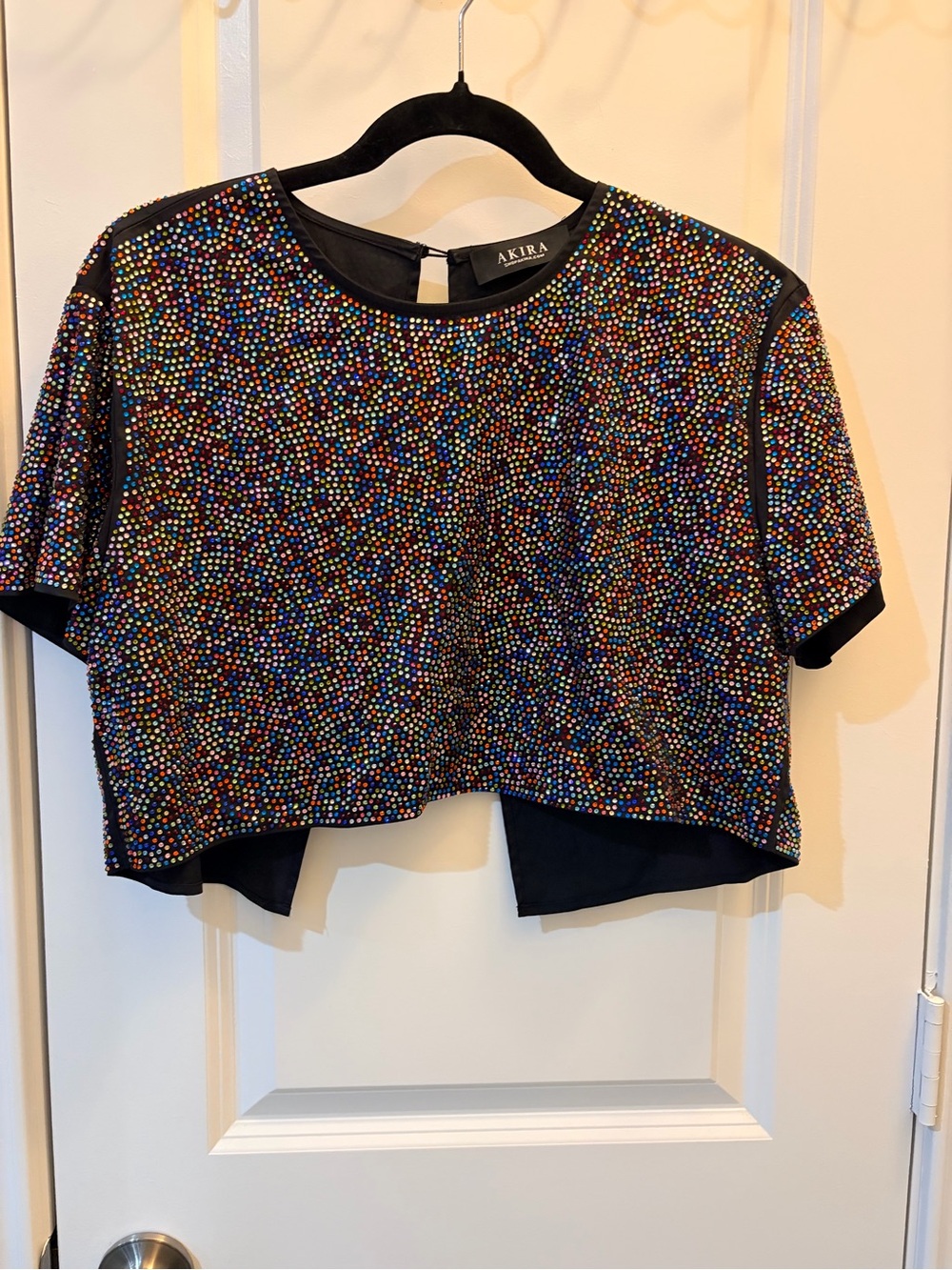 AKIRA Black Cropped Bomber Jacket with Multicolor Rhinestones